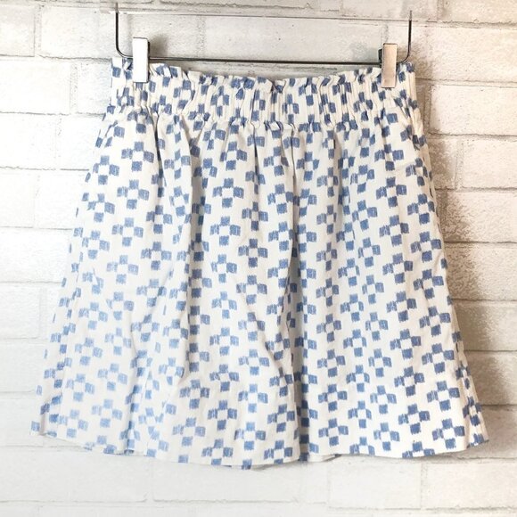 Madewell Ikat Blue Crosshatch Shirred Waist 100% Cotton White Mini Skirt Size S - Picture 6 of 7